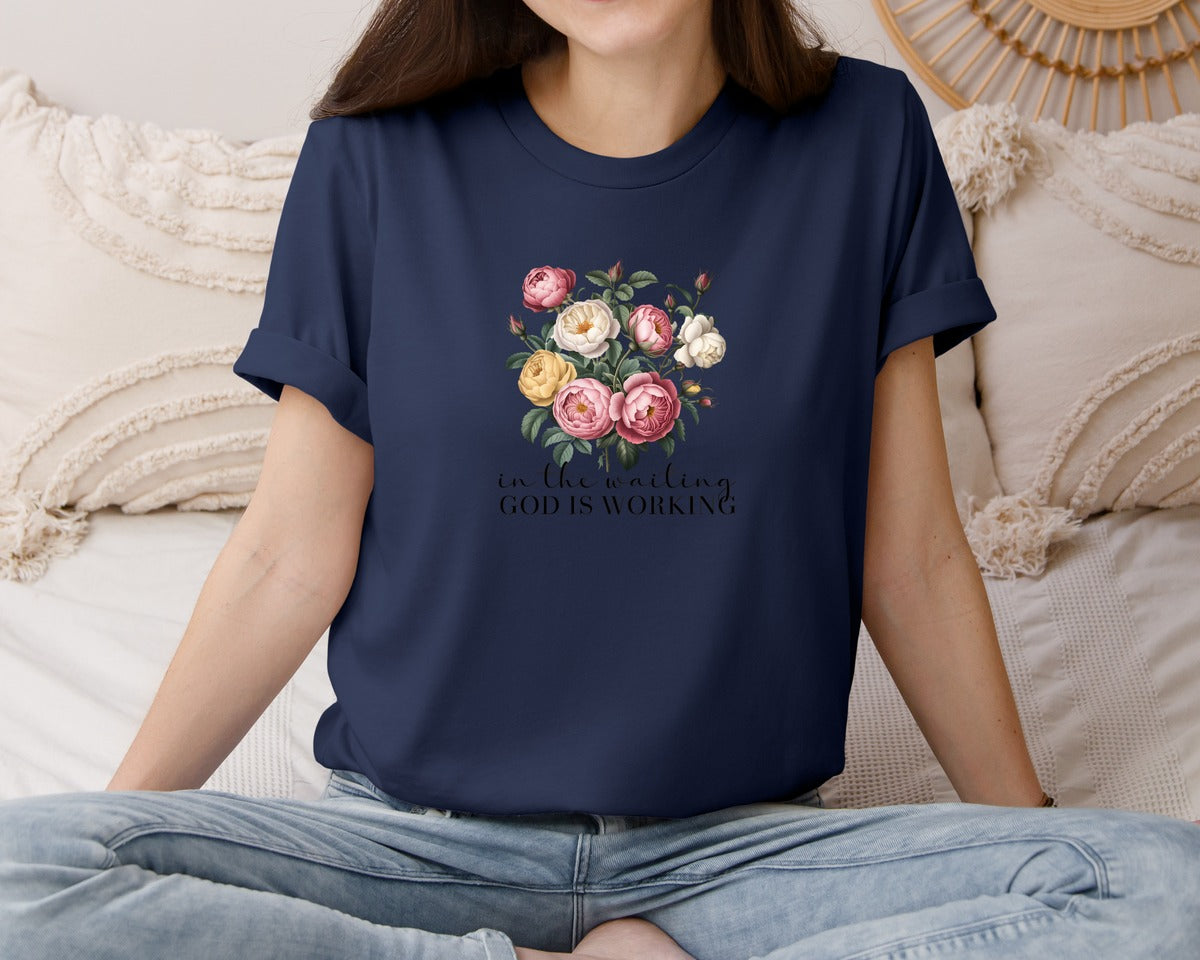 brand:Bella Canvas|color:Navy|In The Waiting God Is Working 2 Graphic T-Shirt