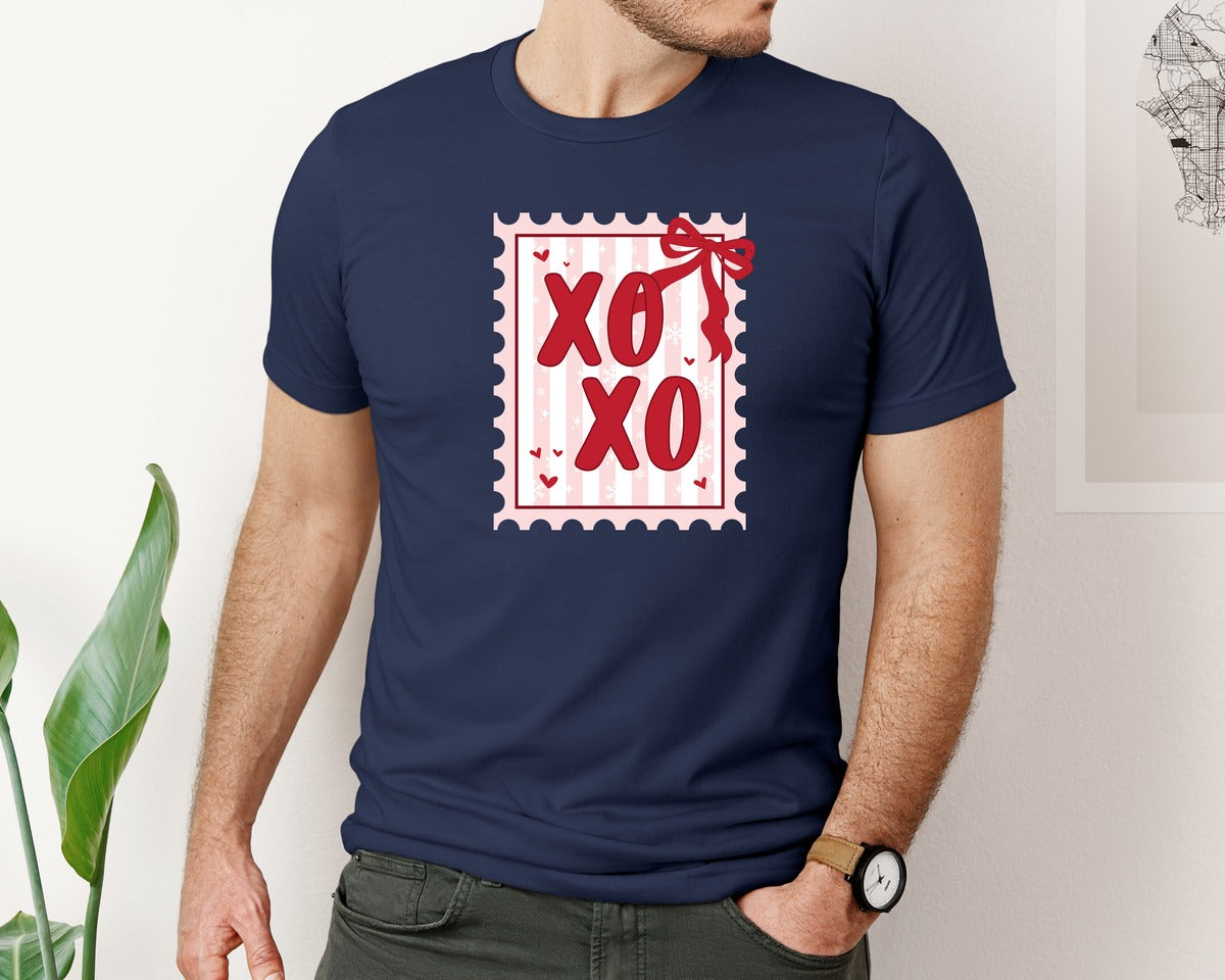 brand:Bella Canvas|color:Navy|Coquette Valentines Stamp Xoxo Graphic T-Shirt