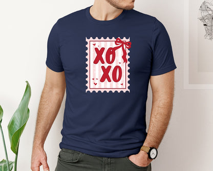 brand:Bella Canvas|color:Navy|Coquette Valentines Stamp Xoxo Graphic T-Shirt