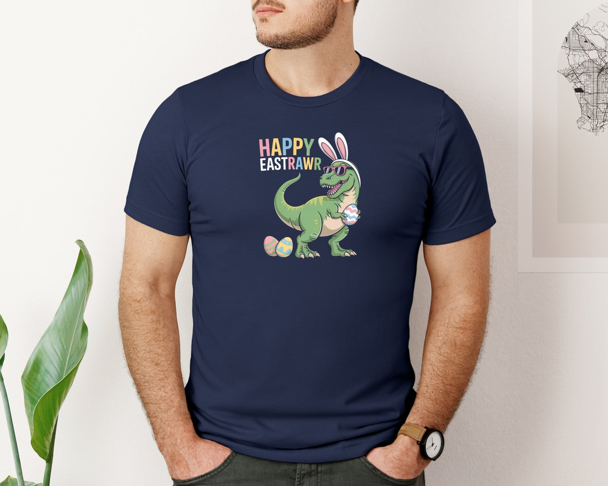 brand:Bella Canvas|color:Navy|Happy Eastrawar Funny Easter T Rex Graphic T-Shirt