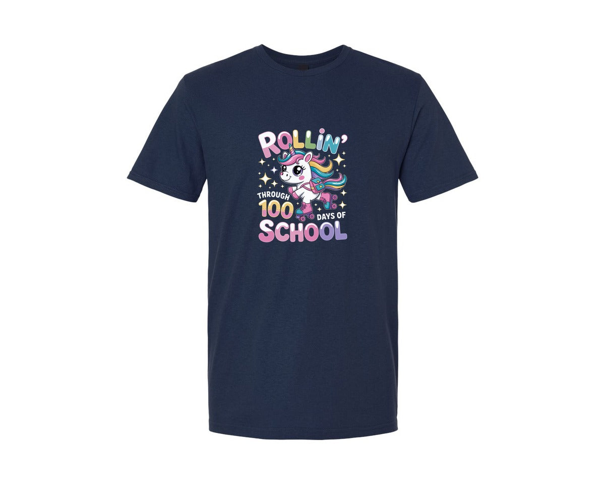brand:Generic|color:Navy|Rollin Through 100 Days Unicorn Graphic T-Shirt
