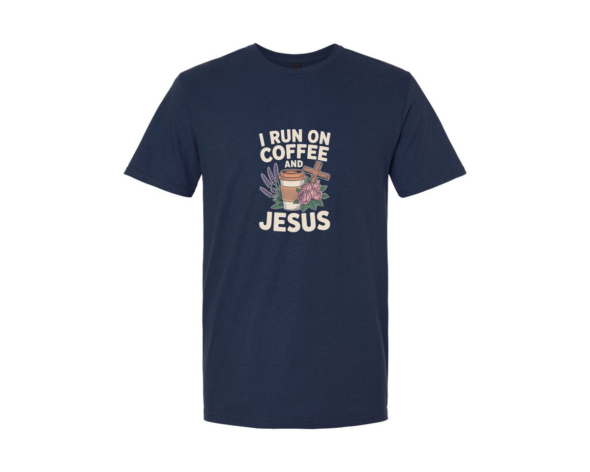 brand:Generic|color:Navy|I Run On Coffee And Jesus T Shirt Design 2 Graphic T-Shirt