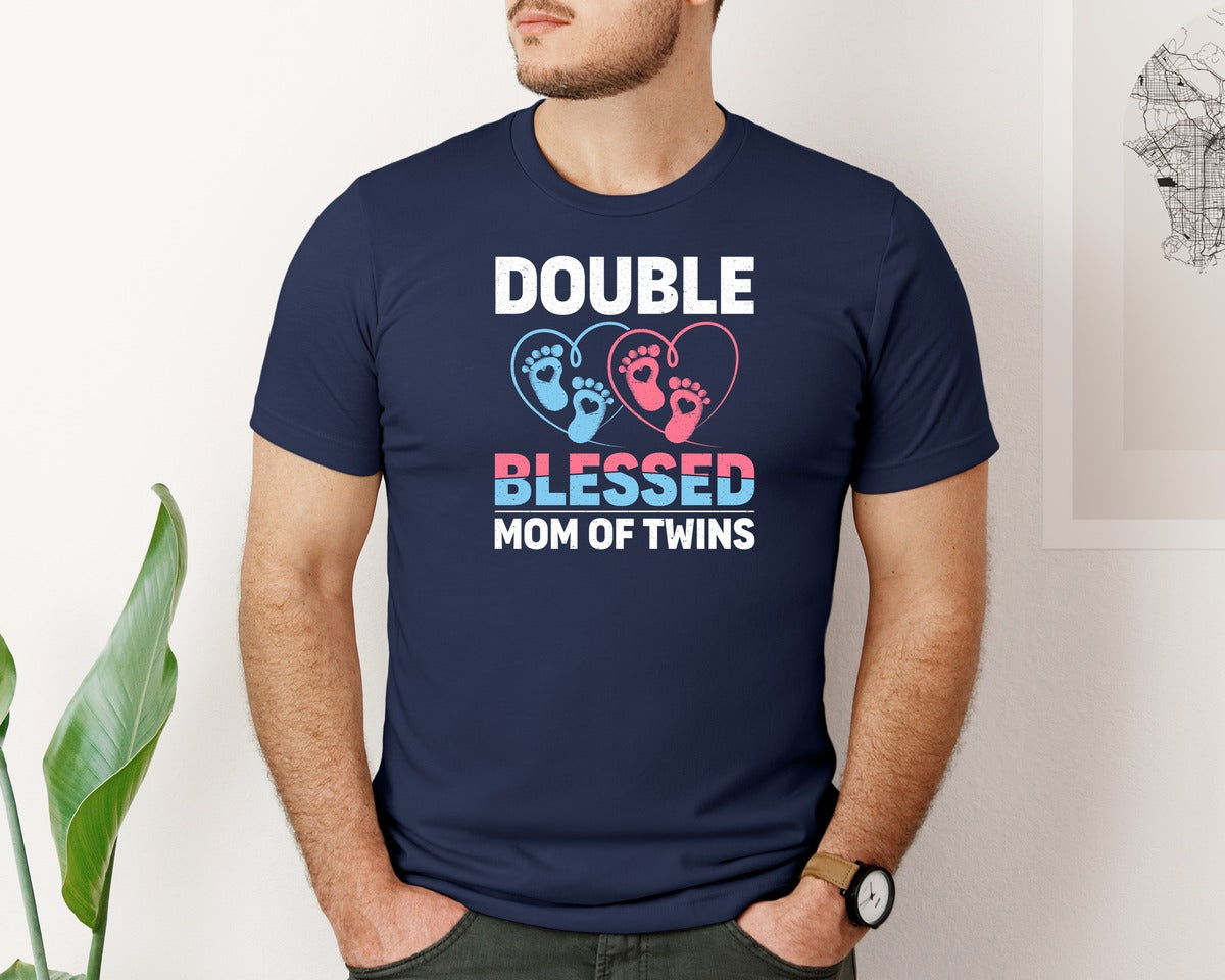 brand:Bella Canvas|color:Navy|Double Blessed Mom Of Twins Mom Graphic T-Shirt