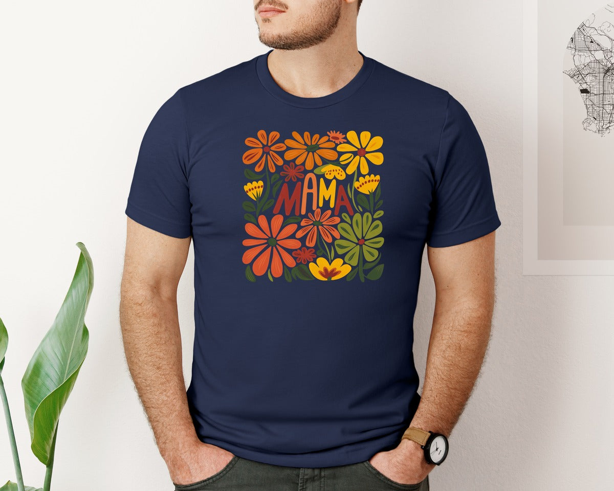 brand:Bella Canvas|color:Navy|Retro Floral Mama Boho Mothers Day 3 Graphic T-Shirt