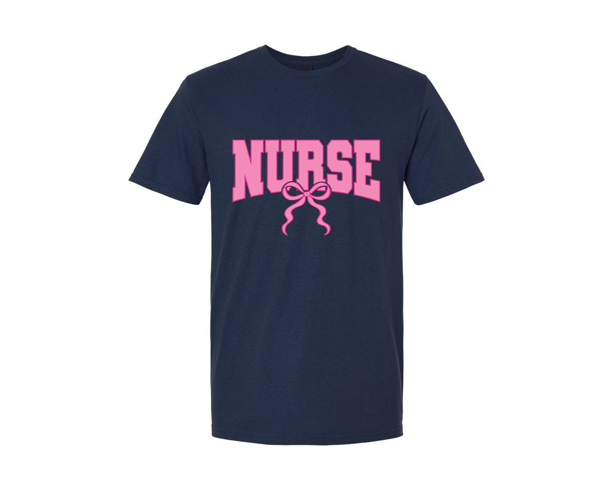 brand:Generic|color:Navy|Coquette Nurse Pink Bow Nurse Life Graphic T-Shirt