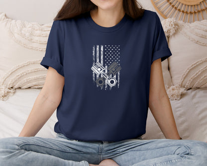 brand:Bella Canvas|color:Navy|Usa Flag With Piston Car Mechanic T Shir Graphic T-Shirt