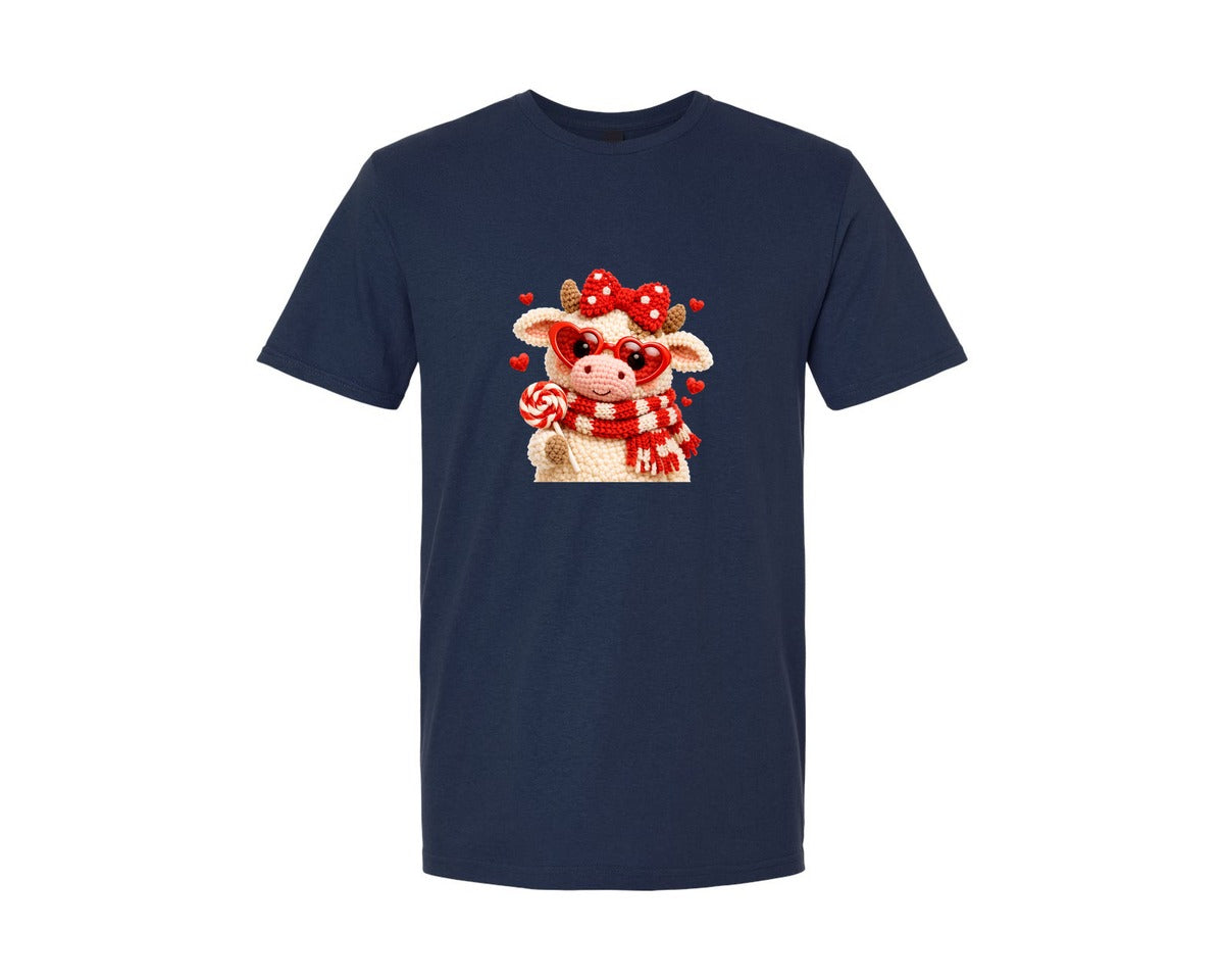 brand:Generic|color:Navy|Highland Cow Valentine Crochet Graphic T-Shirt