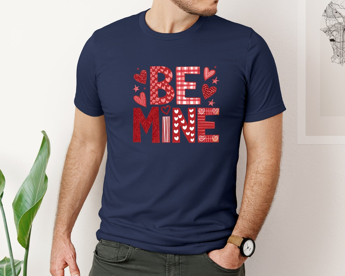 brand:Bella Canvas|color:Navy|Retro Be Mine Love Hearts Graphic T-Shirt