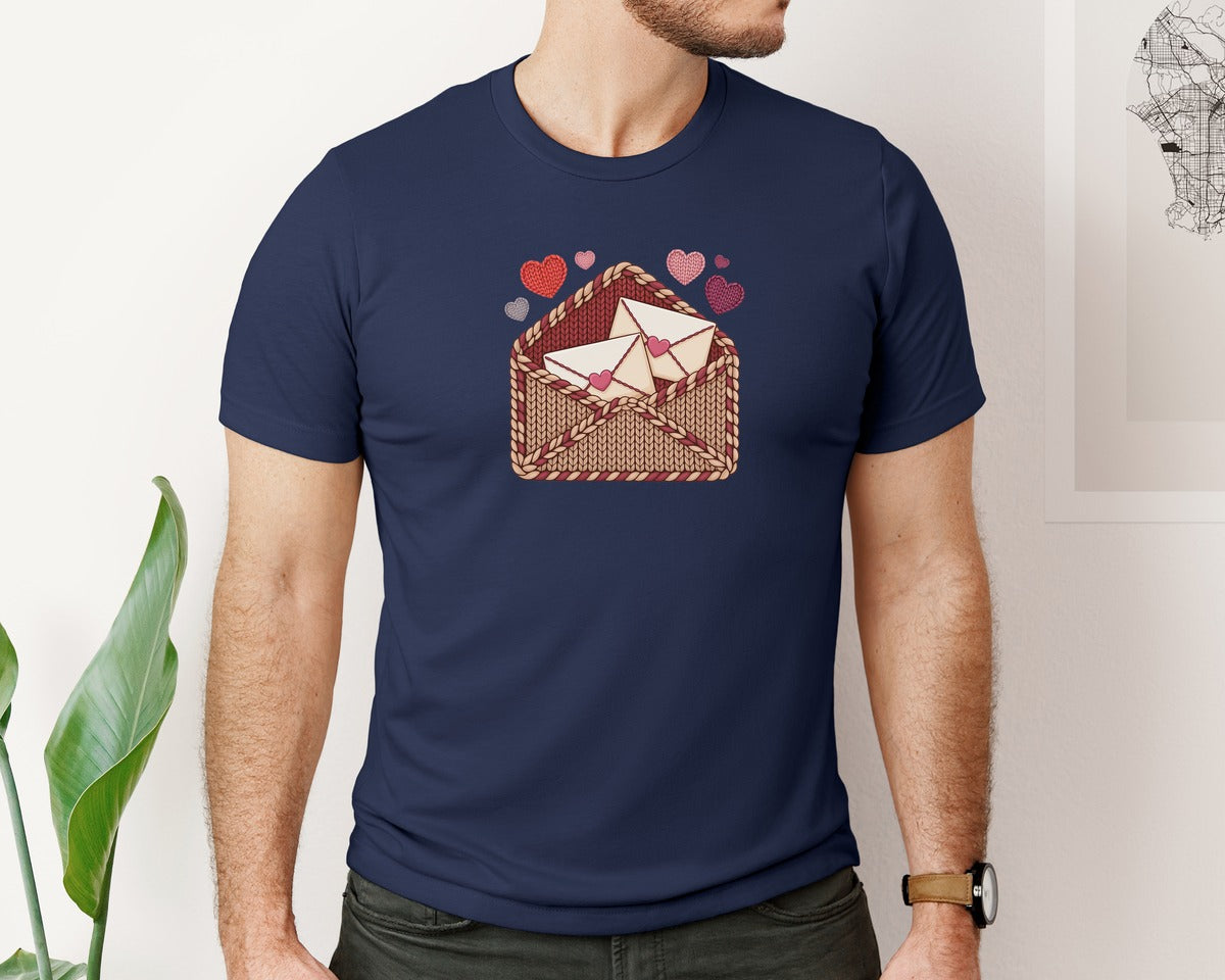 brand:Bella Canvas|color:Navy|Crochet Yarn Valentine Love Letter Graphic T-Shirt