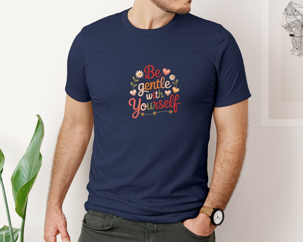 brand:Bella Canvas|color:Navy|Be Gentle With Yourself Embroidery Graphic T-Shirt