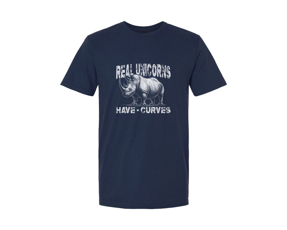 brand:Generic|color:Navy|Real Unicorns Have Curves Rhino Retro Graphic T-Shirt