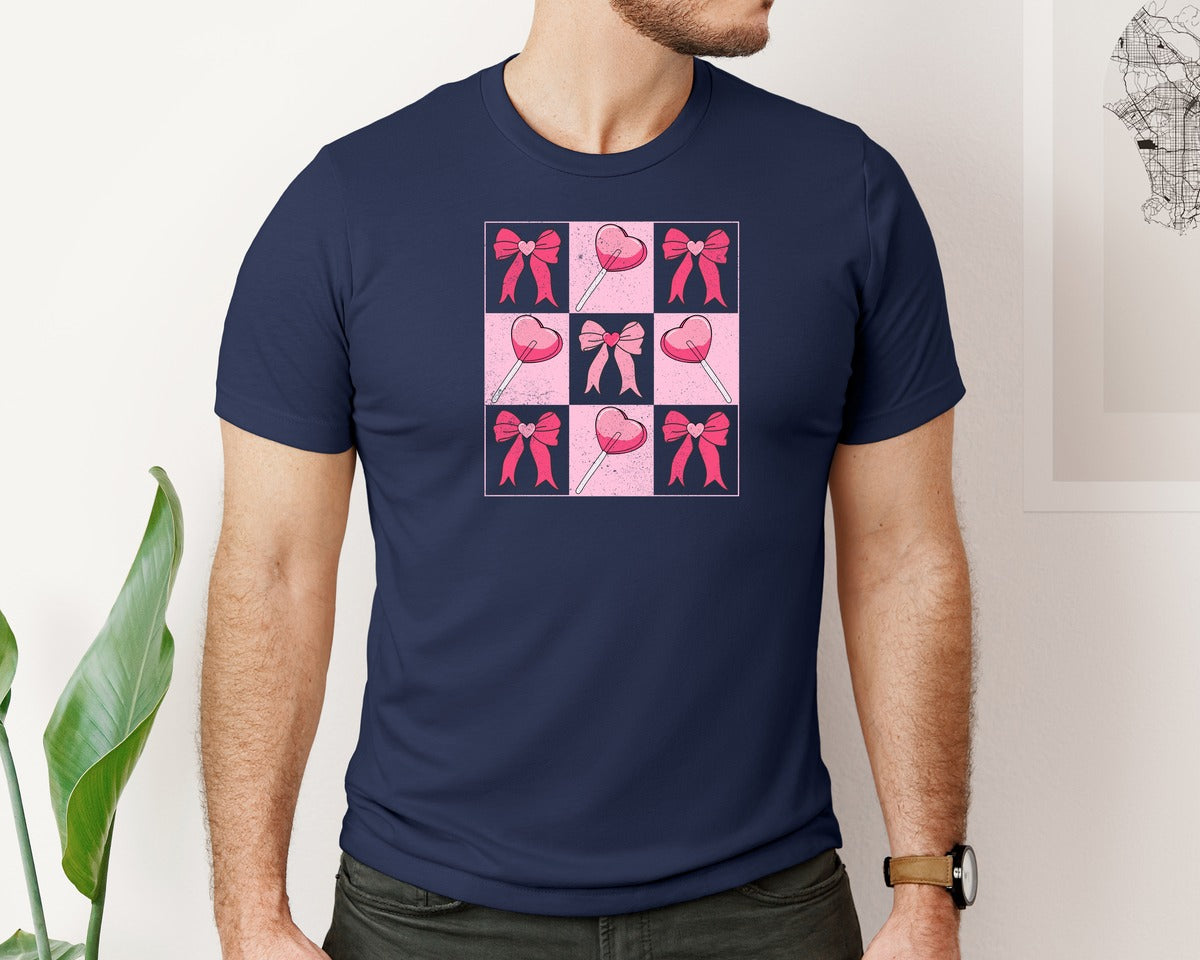 brand:Bella Canvas|color:Navy|Retro Checkered Valentine Sucker Graphic T-Shirt