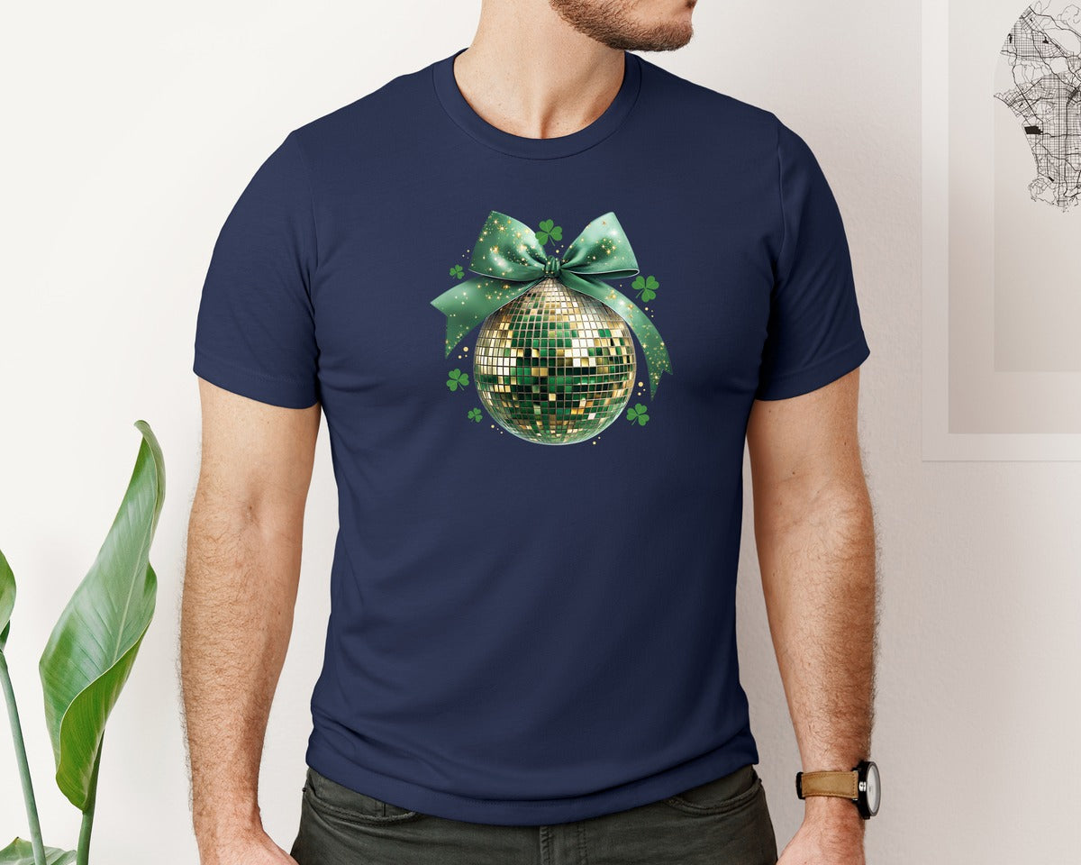 brand:Bella Canvas|color:Navy|St Patricks Day Disco Ball Coquette Bow 6 Graphic T-Shirt