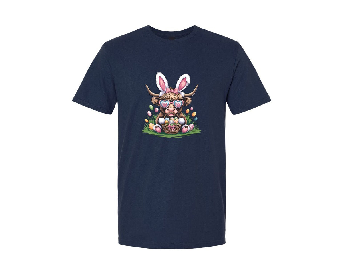 brand:Generic|color:Navy|Easter Highland Cow Rabbit Bunny 2 Graphic T-Shirt