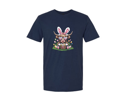 brand:Generic|color:Navy|Easter Highland Cow Rabbit Bunny 2 Graphic T-Shirt