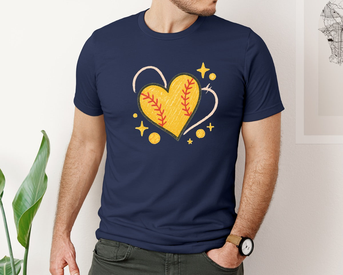 brand:Bella Canvas|color:Navy|Softball Heart Graphic T-Shirt