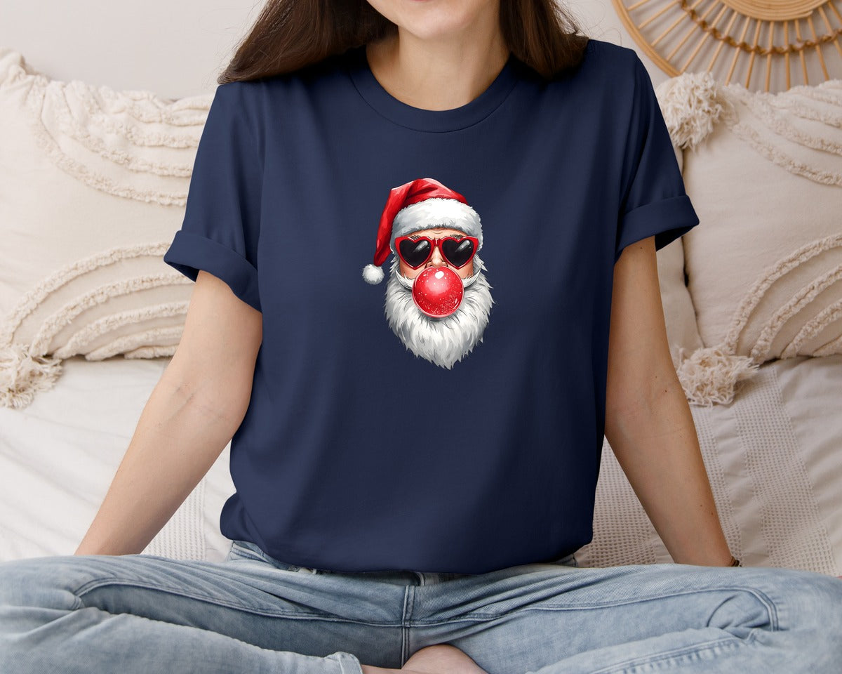brand:Bella Canvas|color:Navy|Cool Santa Bubble Gum Heart Sunglas Graphic T-Shirt