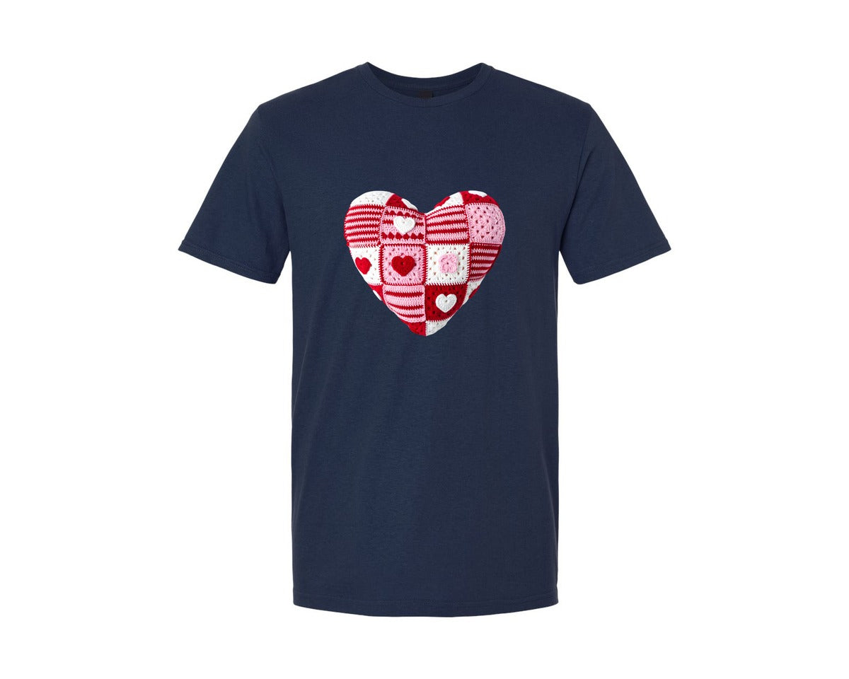 brand:Generic|color:Navy|Crochet Patchwork Heart Pillow Graphic T-Shirt