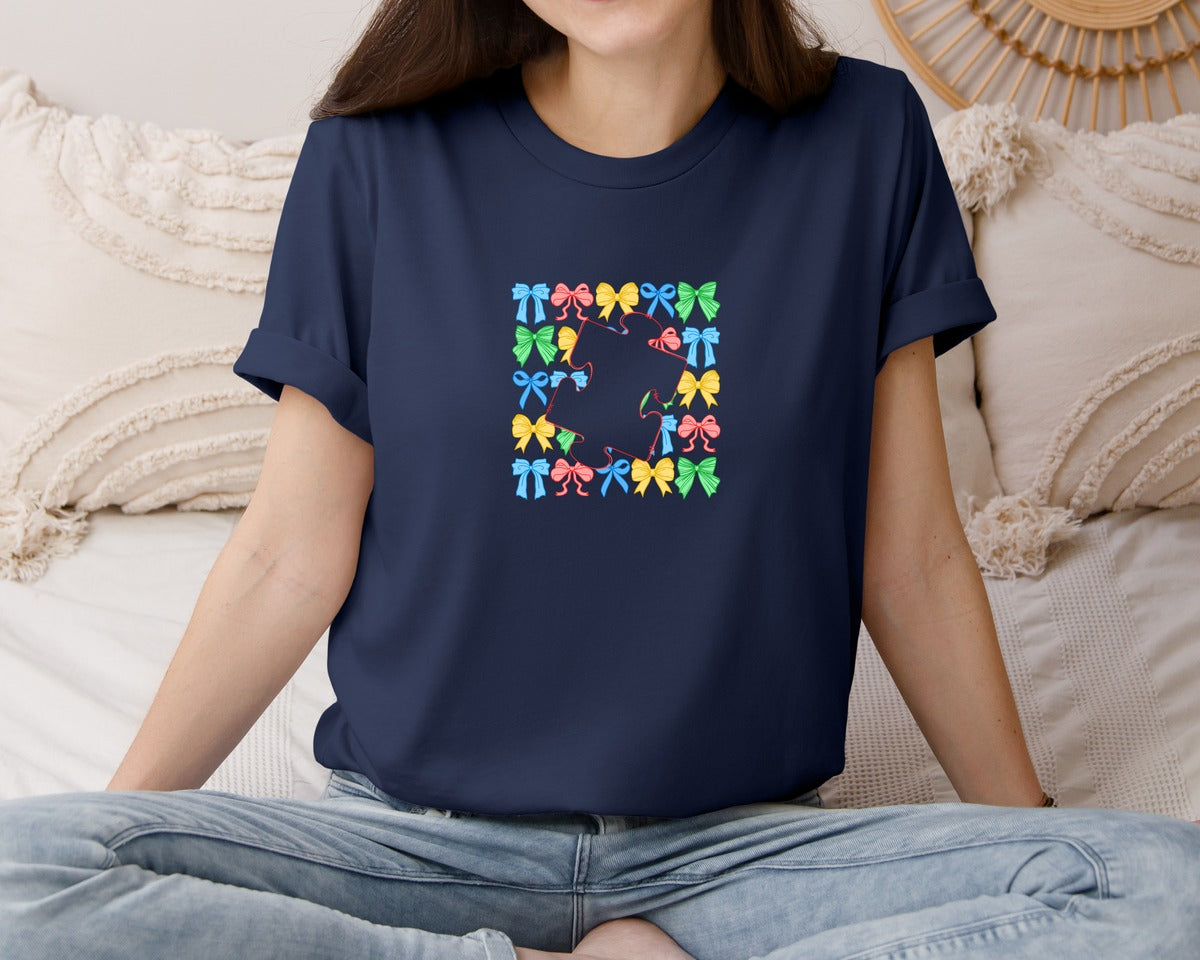 brand:Bella Canvas|color:Navy|Autism Coquette Preppy Autism Graphic T-Shirt