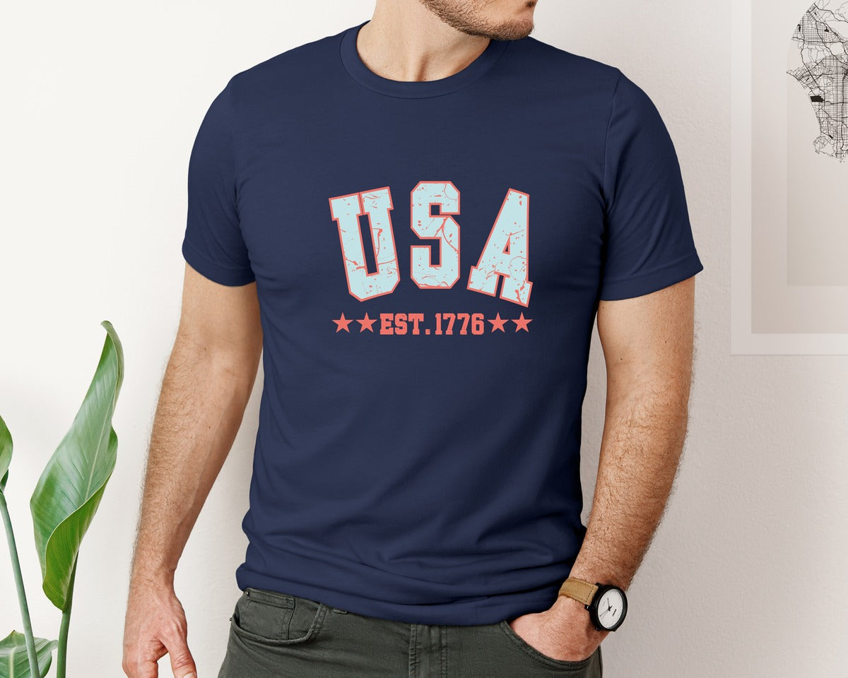 brand:Bella Canvas|color:Navy|Retro Usa America Est 1776 Grunge Graphic T-Shirt