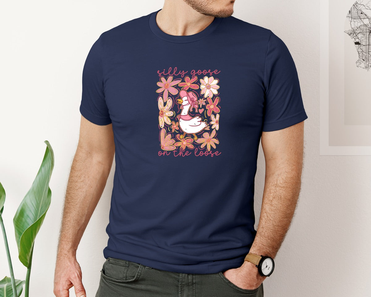 brand:Bella Canvas|color:Navy|Boho Floral Goose Spring Floral Graphic T-Shirt