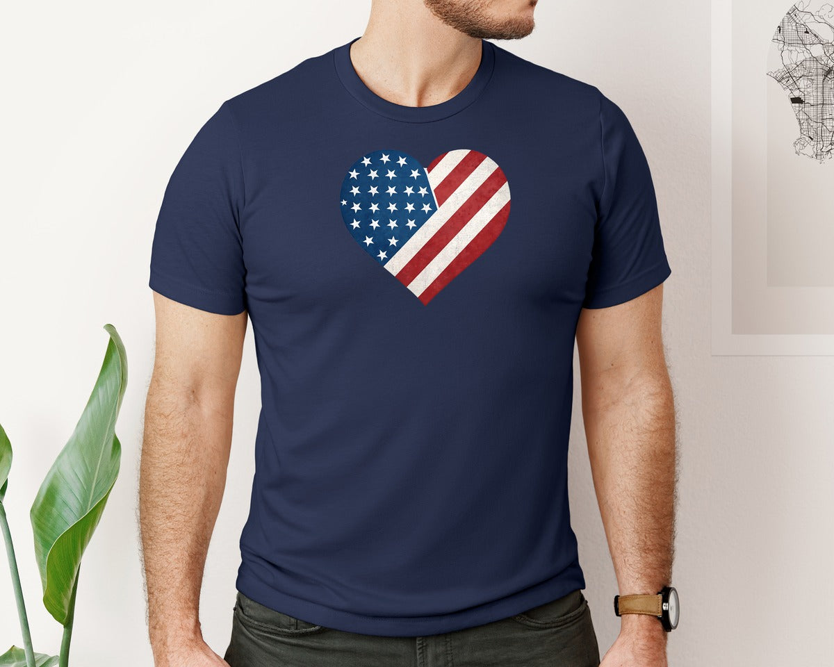 brand:Bella Canvas|color:Navy|Patriotic Usa Flag Heart 4Th Of July Graphic T-Shirt