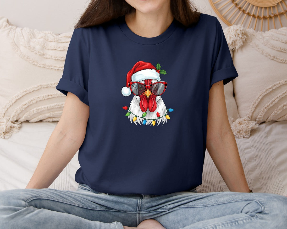 brand:Bella Canvas|color:Navy|Cool Christmas Chicken Santa Hat Graphic T-Shirt