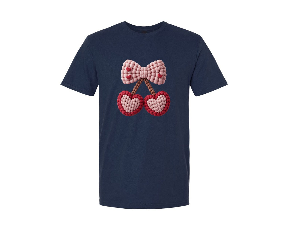 brand:Generic|color:Navy|Faux Yarn Cherry Bow Valentine Shirt Graphic T-Shirt