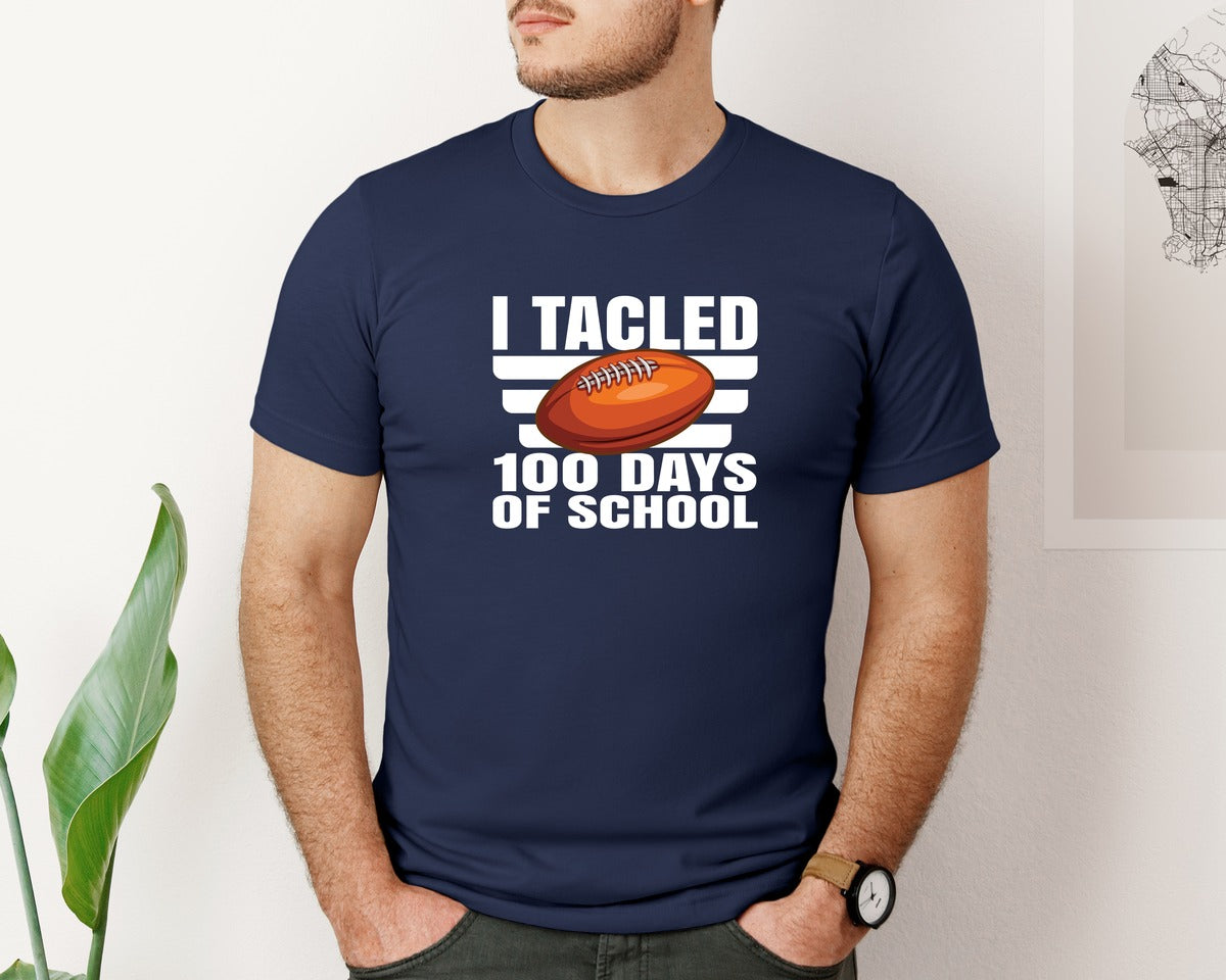 brand:Bella Canvas|color:Navy|I Tackled 100 Days Of School Football 16 Graphic T-Shirt