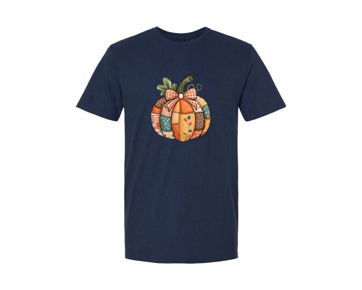brand:Generic|color:Navy|Vintage Patchwork Pumpkin Farmhouse Graphic T-Shirt