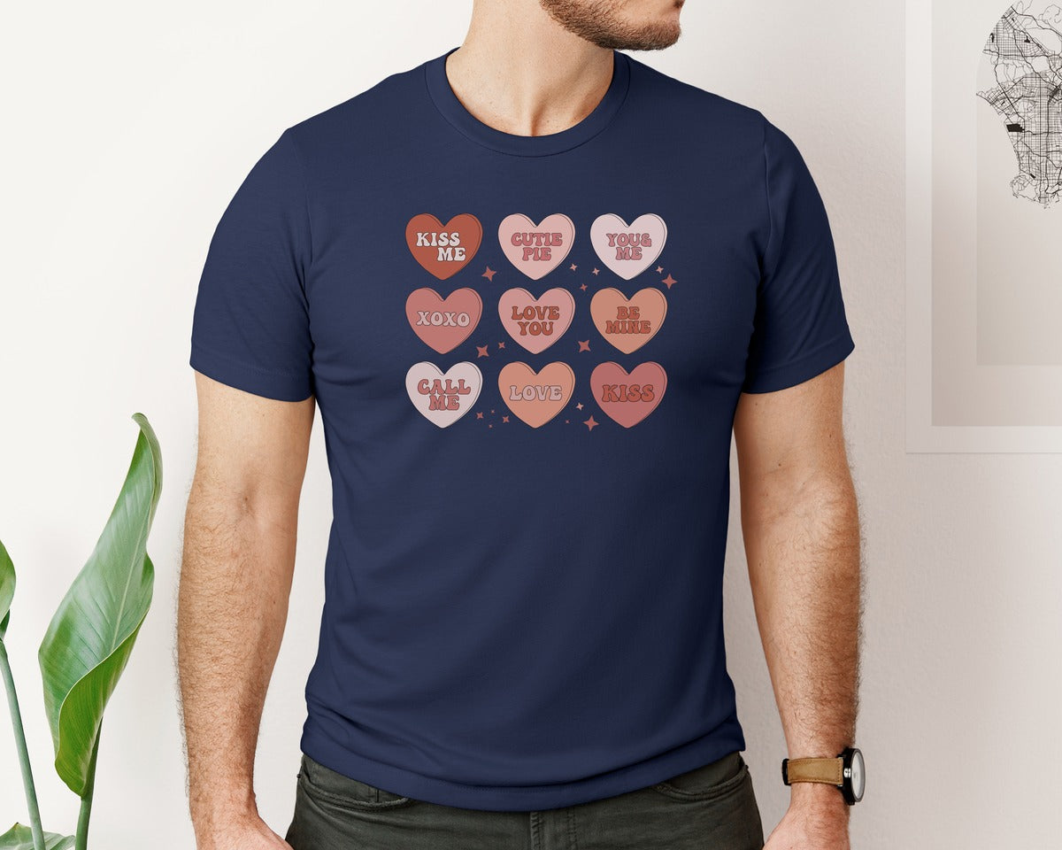brand:Bella Canvas|color:Navy|Conversation Hearts Valentine 2 Graphic T-Shirt