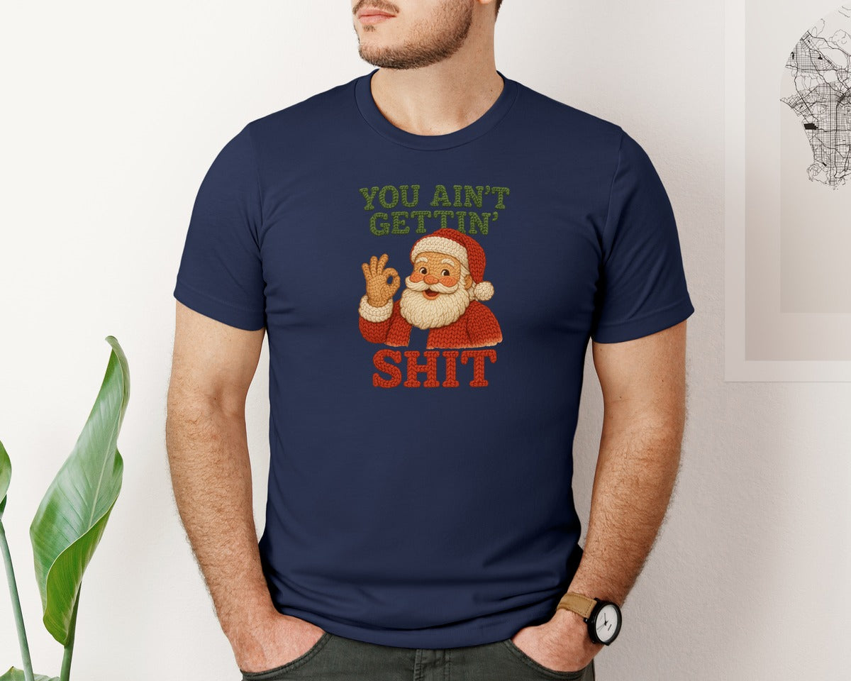 brand:Bella Canvas|color:Navy|Funny Santa Crochet Latch Hook Yarn Graphic T-Shirt