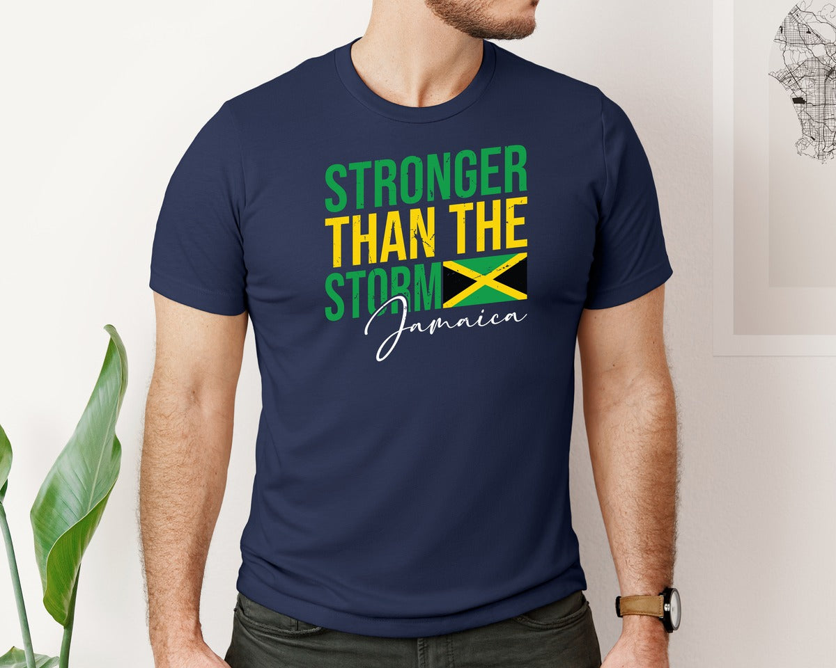 brand:Bella Canvas|color:Navy|Stronger Than The Storm Jamaica Shirt Graphic T-Shirt