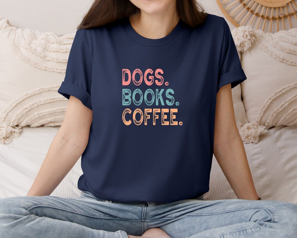 brand:Bella Canvas|color:Navy|Book Dog Lover Dogs Books Coffee Graphic T-Shirt