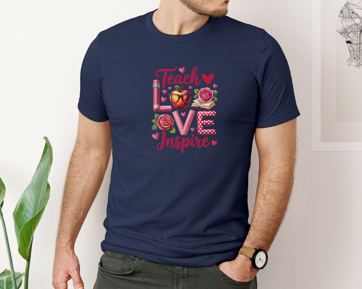 brand:Bella Canvas|color:Navy|Teacher Valentines Day Graphic T-Shirt