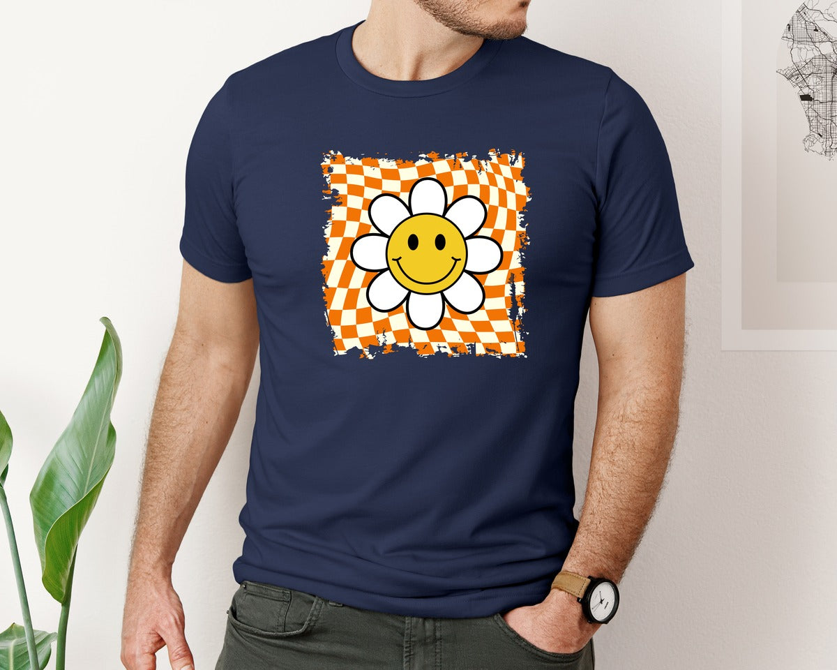 brand:Bella Canvas|color:Navy|Retro Smile Face Graphic T-Shirt