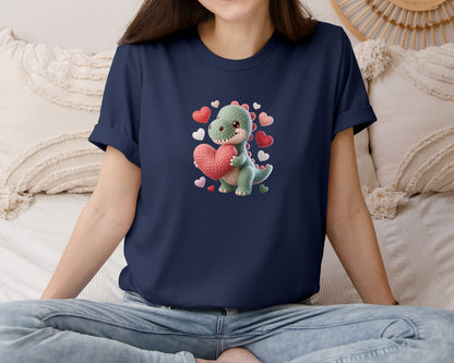brand:Bella Canvas|color:Navy|Cute Crochet Dinosaur Valentine Graphic T-Shirt
