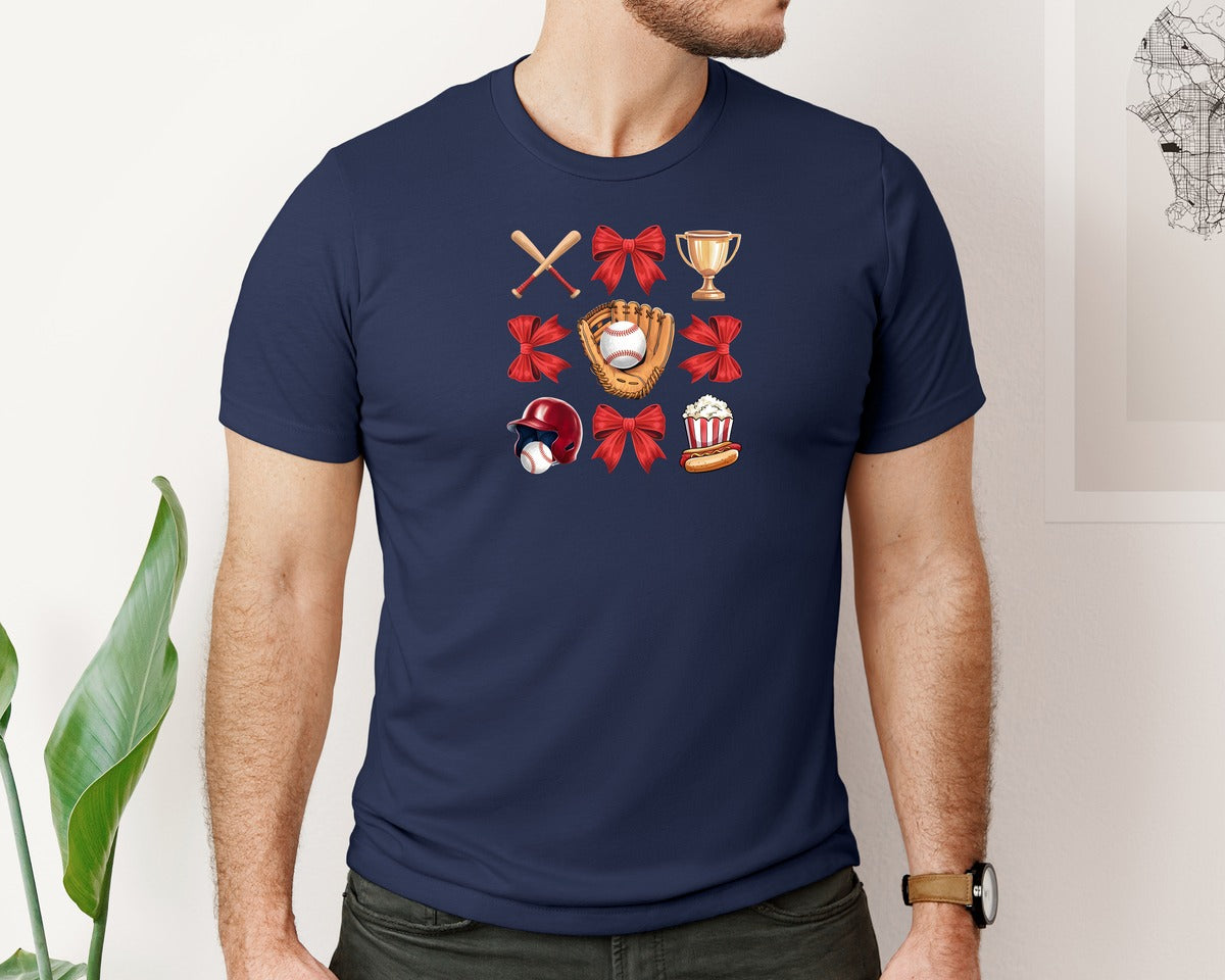 brand:Bella Canvas|color:Navy|Baseball Coquette Shirt Baseball Bow Graphic T-Shirt