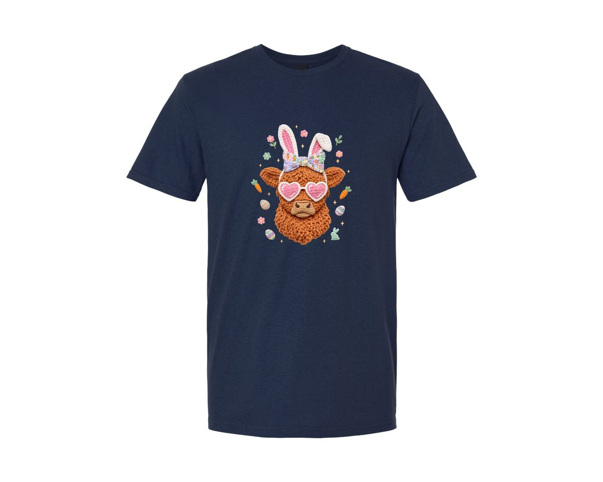 brand:Generic|color:Navy|Crochet Easter Day Highland Cow 2 Graphic T-Shirt