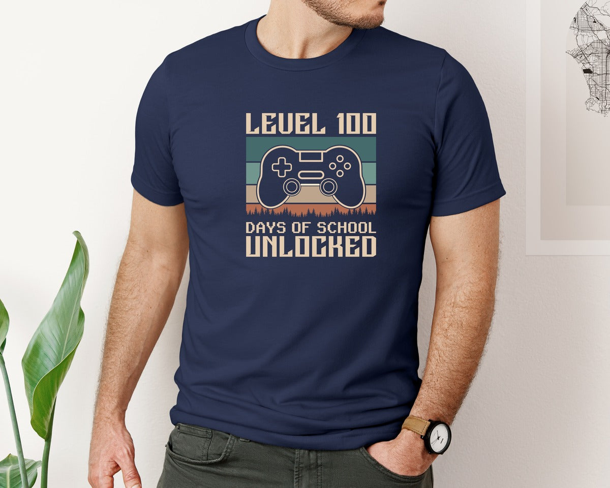 brand:Bella Canvas|color:Navy|Level 100 Days Of School Unlocked 31 Graphic T-Shirt
