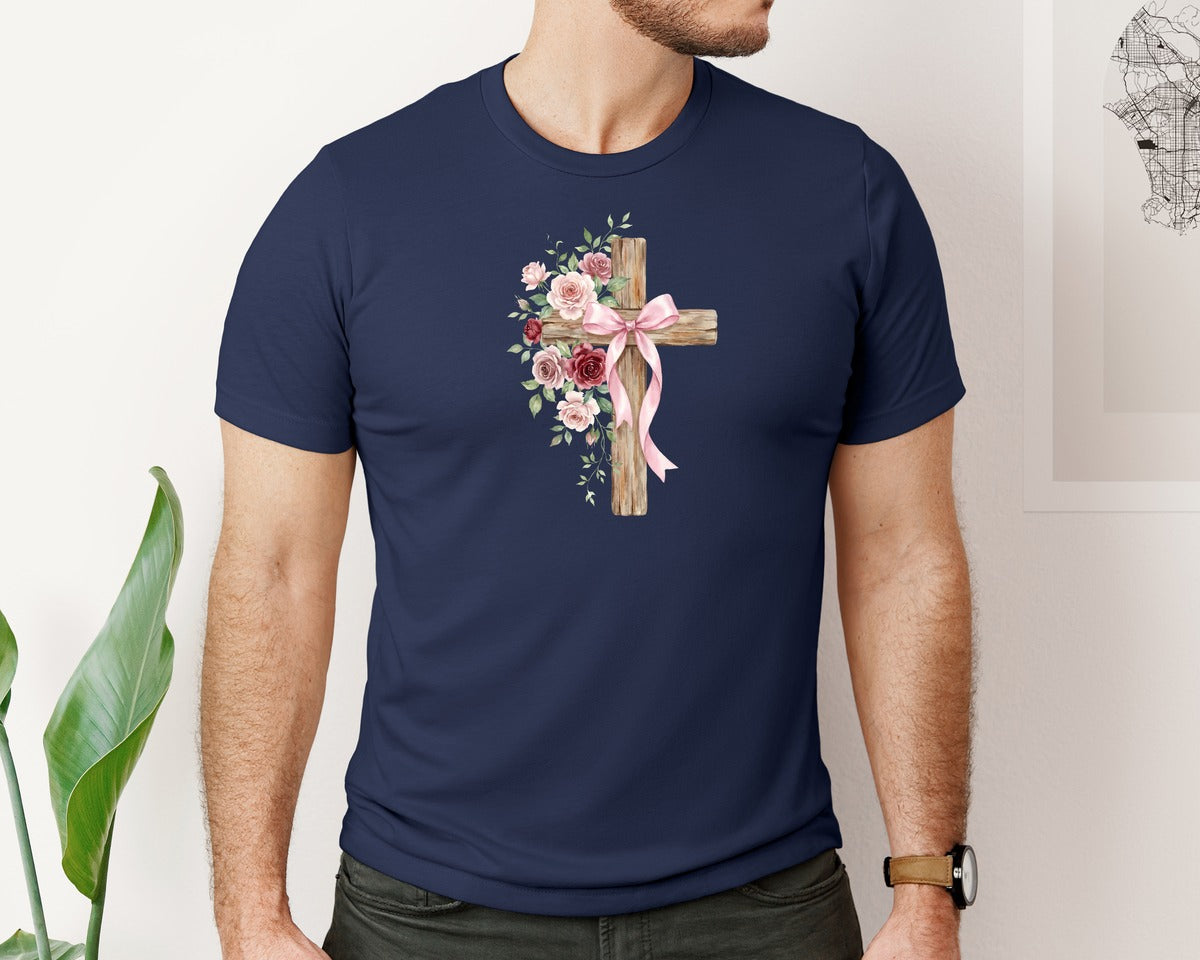 brand:Bella Canvas|color:Navy|Watercolor Floral Cross With Pink Graphic T-Shirt