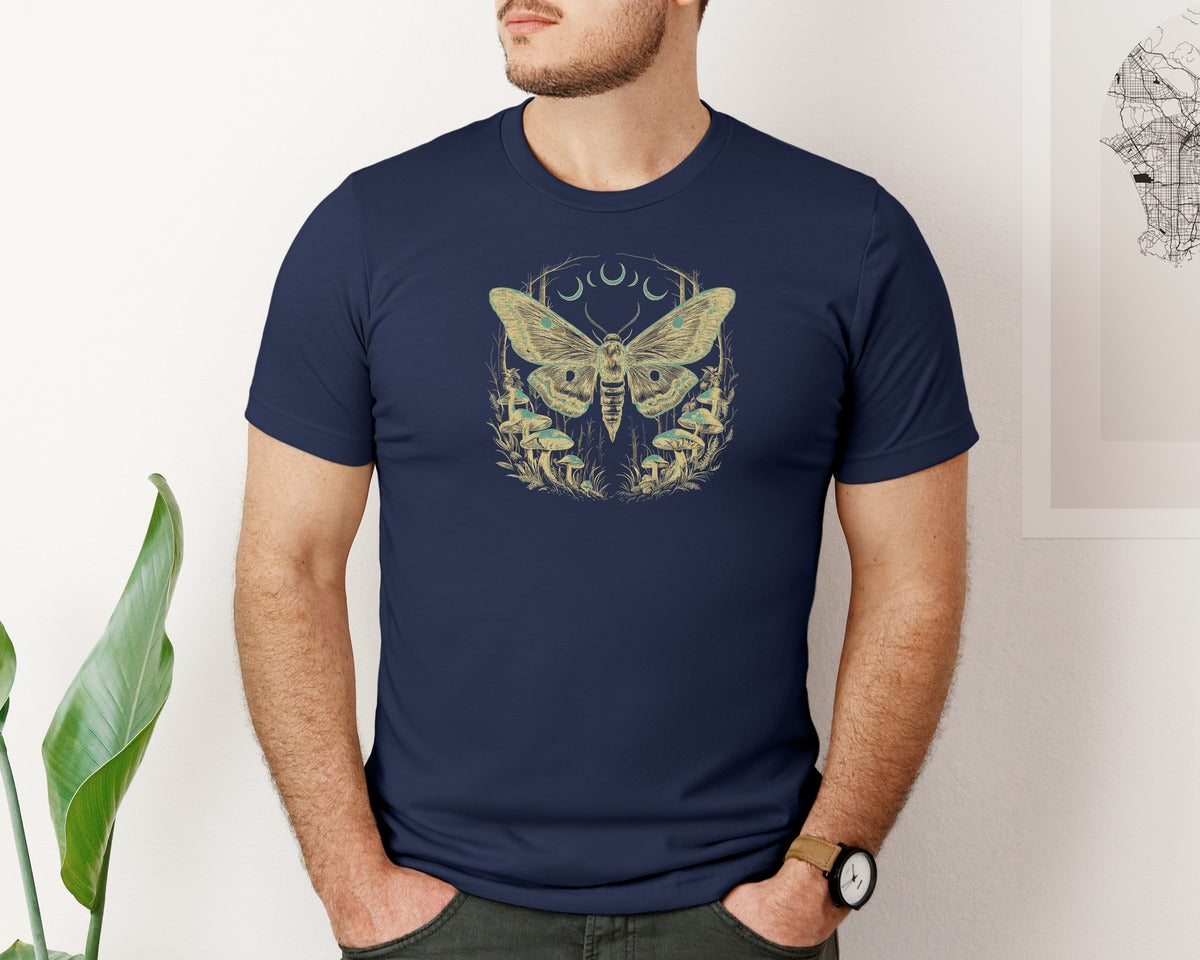 brand:Bella Canvas|color:Navy|Crescent Moon Phase Moth Butterfly Graphic T-Shirt
