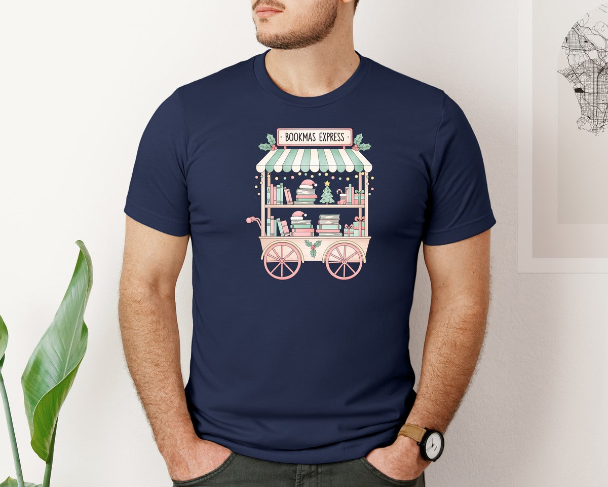 brand:Bella Canvas|color:Navy|Bookmas Express Christmas Book Cart Graphic T-Shirt