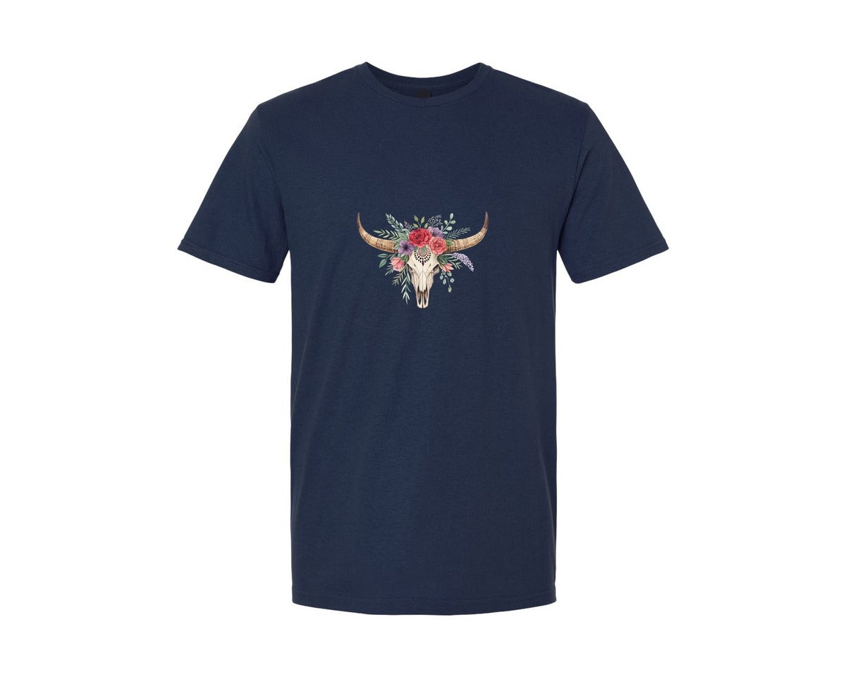 brand:Generic|color:Navy|Rose Flowers Western Bull Skull Longhorn 6 Graphic T-Shirt