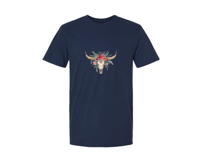 brand:Generic|color:Navy|Rose Flowers Western Bull Skull Longhorn 6 Graphic T-Shirt