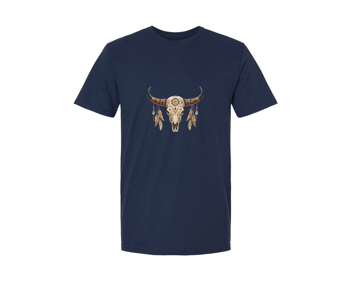 brand:Generic|color:Navy|Western Bull Skull Aztec Boho Longhorn 2 Graphic T-Shirt