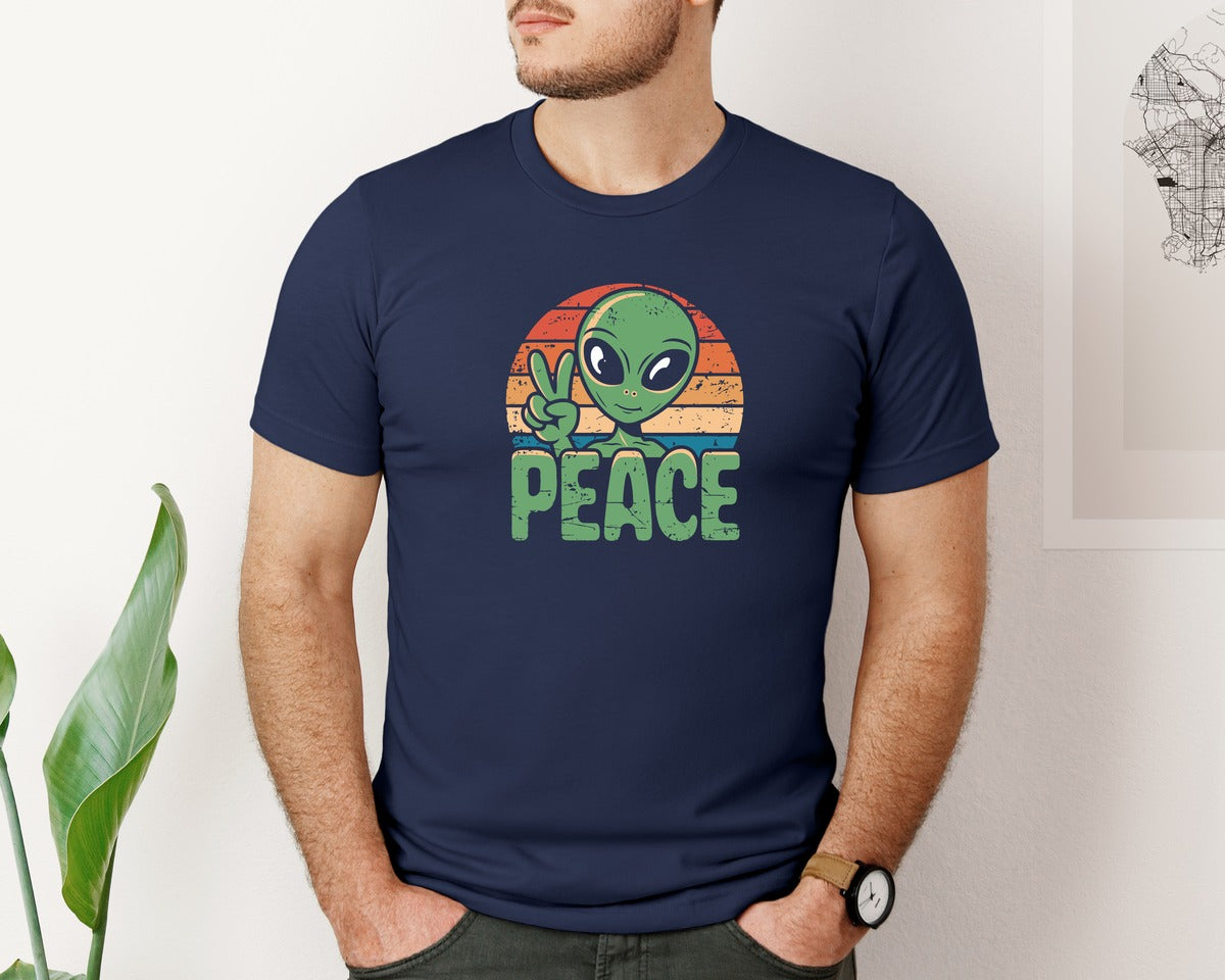 brand:Bella Canvas|color:Navy|Alien Ufo Peace Sign Retro Tshirt Design Graphic T-Shirt