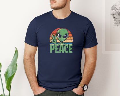 brand:Bella Canvas|color:Navy|Alien Ufo Peace Sign Retro Tshirt Design Graphic T-Shirt