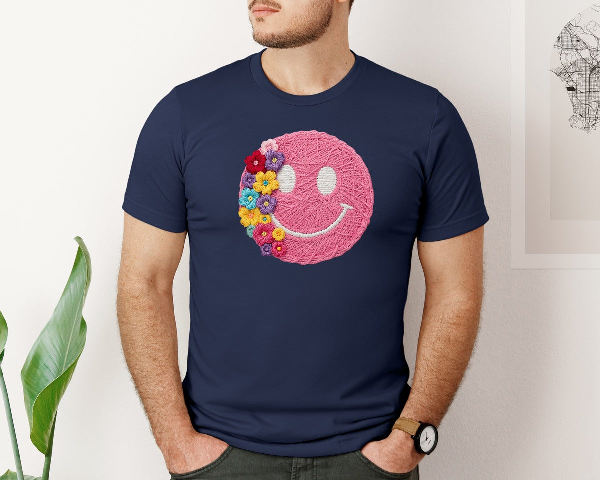 brand:Bella Canvas|color:Navy|Smiley Flowers Embroidered Yarn Graphic T-Shirt