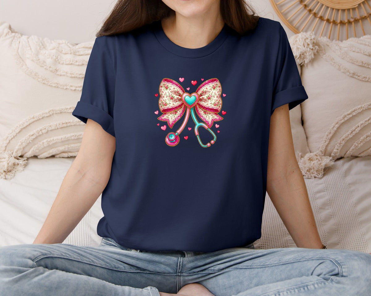 brand:Bella Canvas|color:Navy|Nurse Bow Stethoscope Valentine Graphic T-Shirt